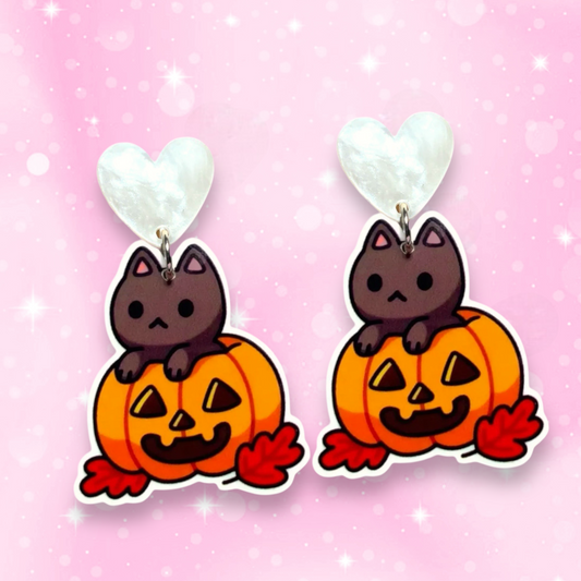 Cute cat and pumpkin earrings, 925 sterling silver, Halloween, Strange Dollz Boudoir