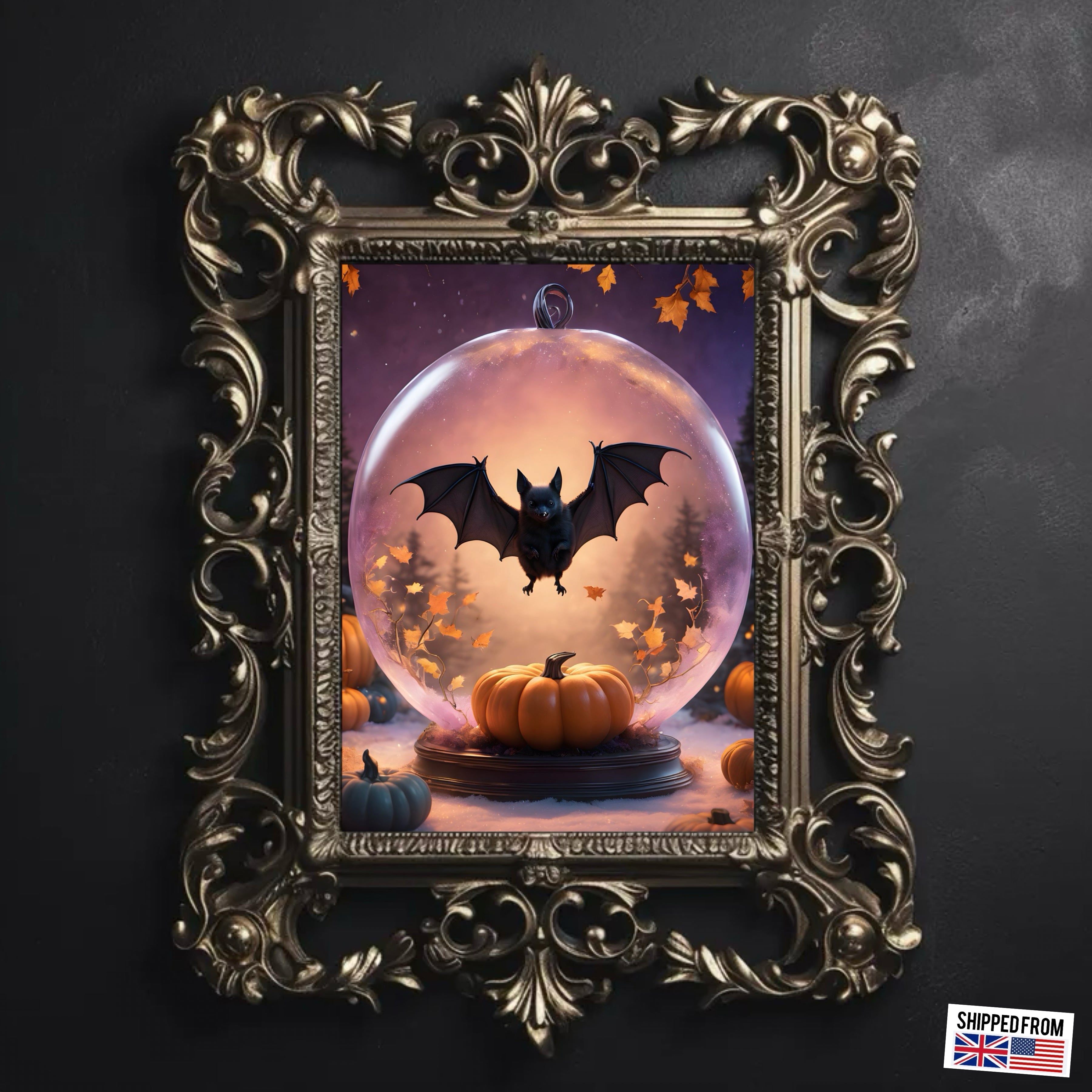 Bat and Pumpkins Fine Art Print, Dark Academia, Goth Wall Decor, Gothic Gallery Wall, Halloween Decor