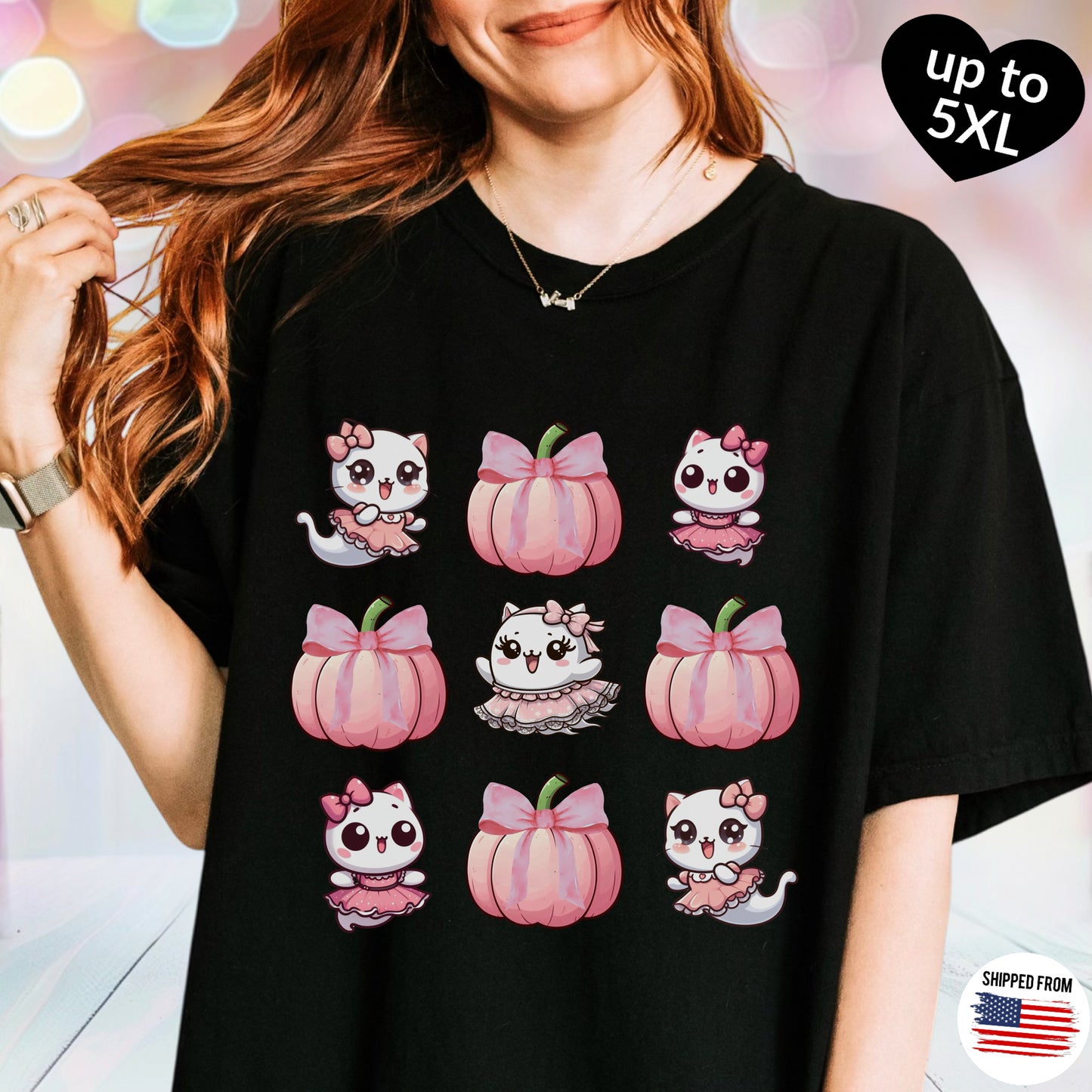 Cute coquette ghost kitty T-shirt, up to 5XL, spooky kawaii, pink pumpkins