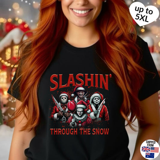 Slashing through the snow, Christmas Softstyle T-Shirt, up to 5XL, Horror Movie, Ugly Christmas Jumper