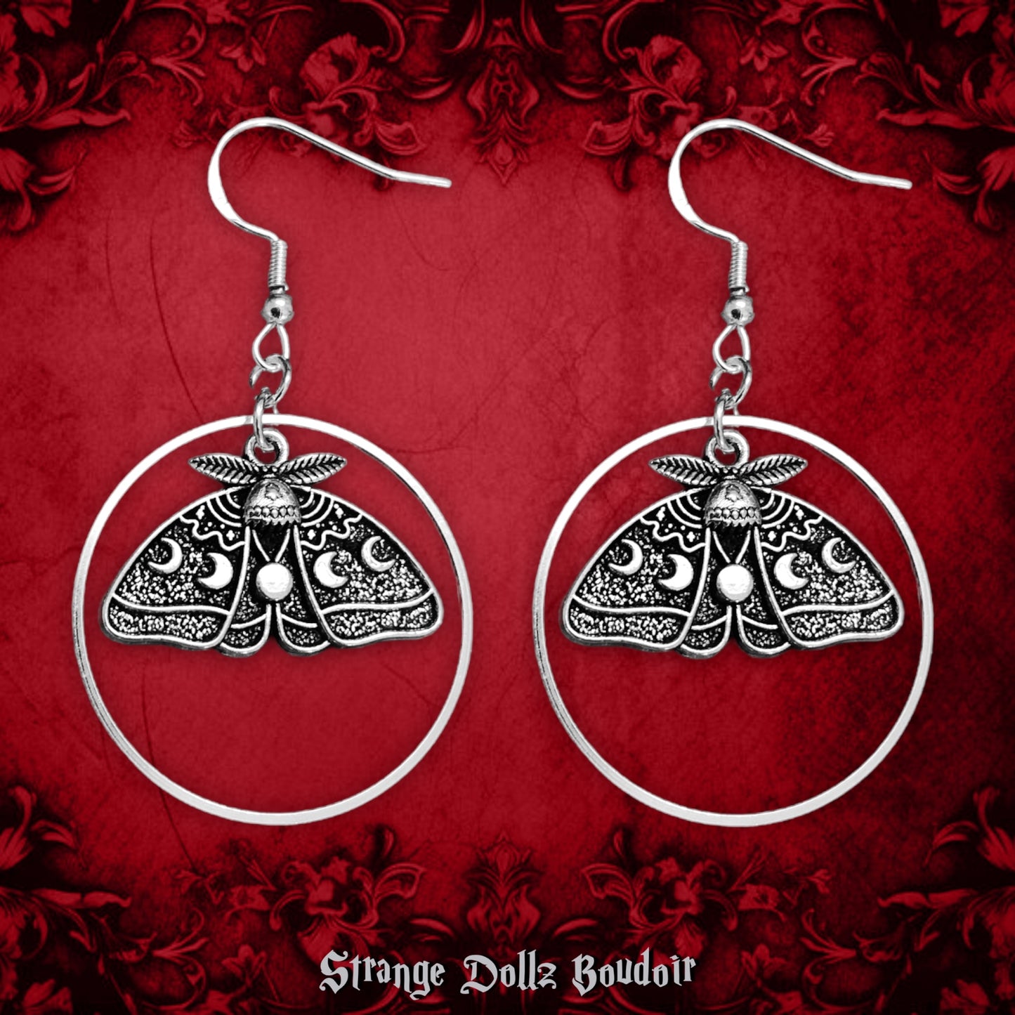 Ethereal Lunar Moth Earrings,  925 Sterling Silver, Witchy Gothic, Strange Dollz Boudoir