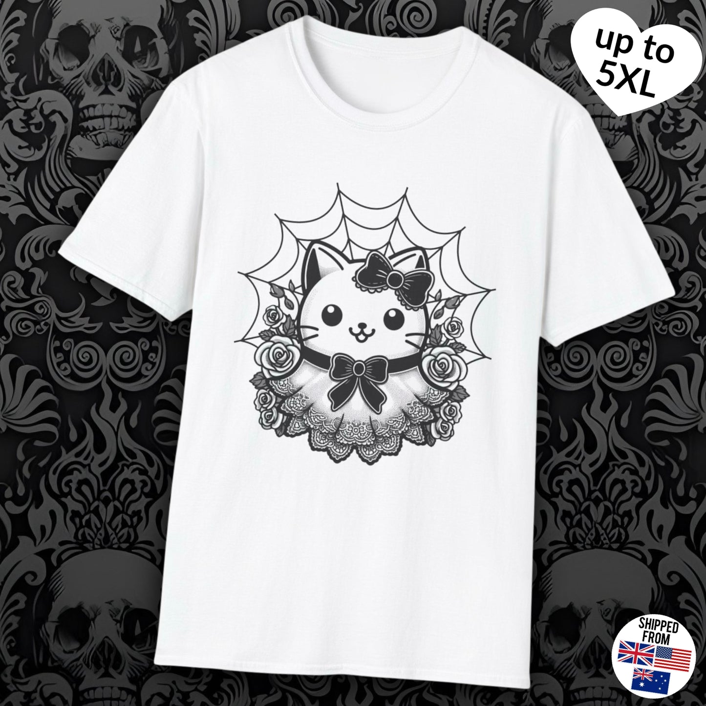 Spooky kawaii kitty T-shirt, up to 5XL, cute coquette