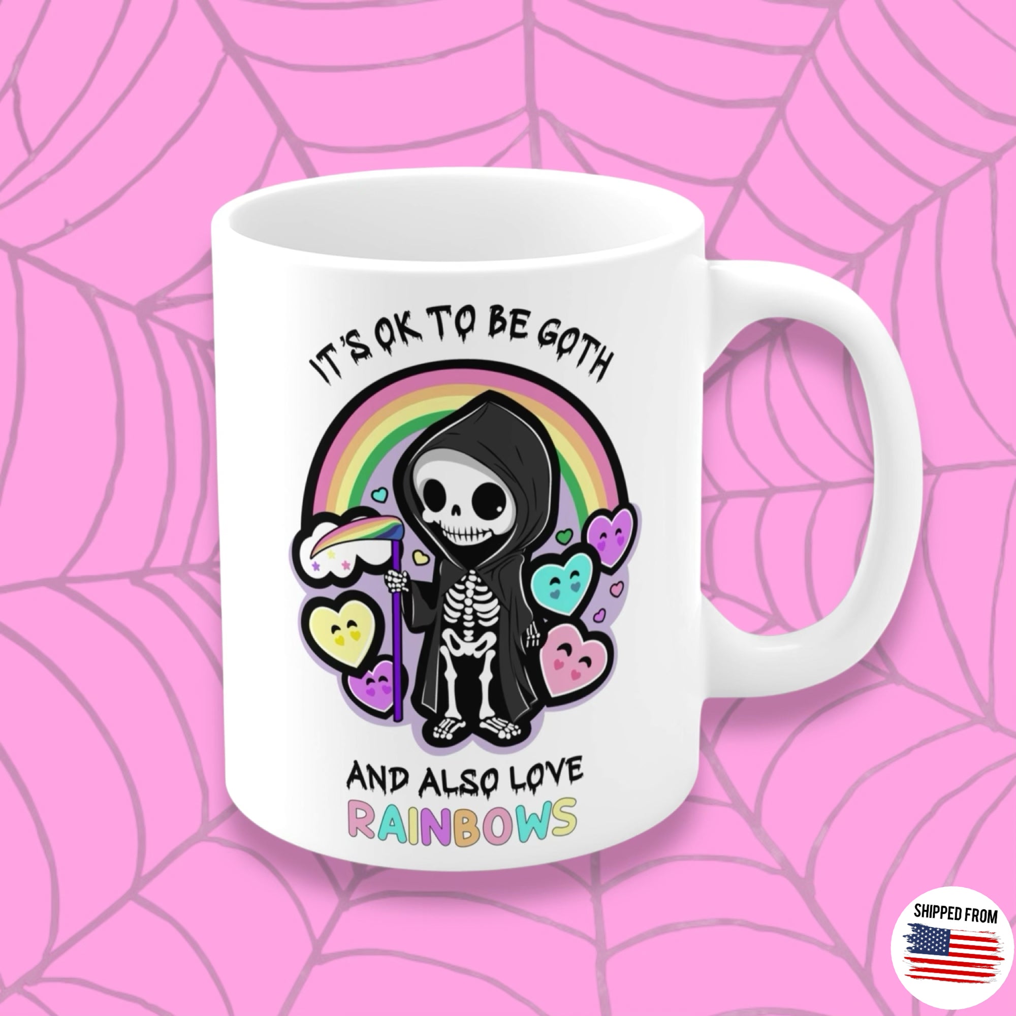 It’s ok to be goth and also love rainbows Mug, kawaii goth, pride
