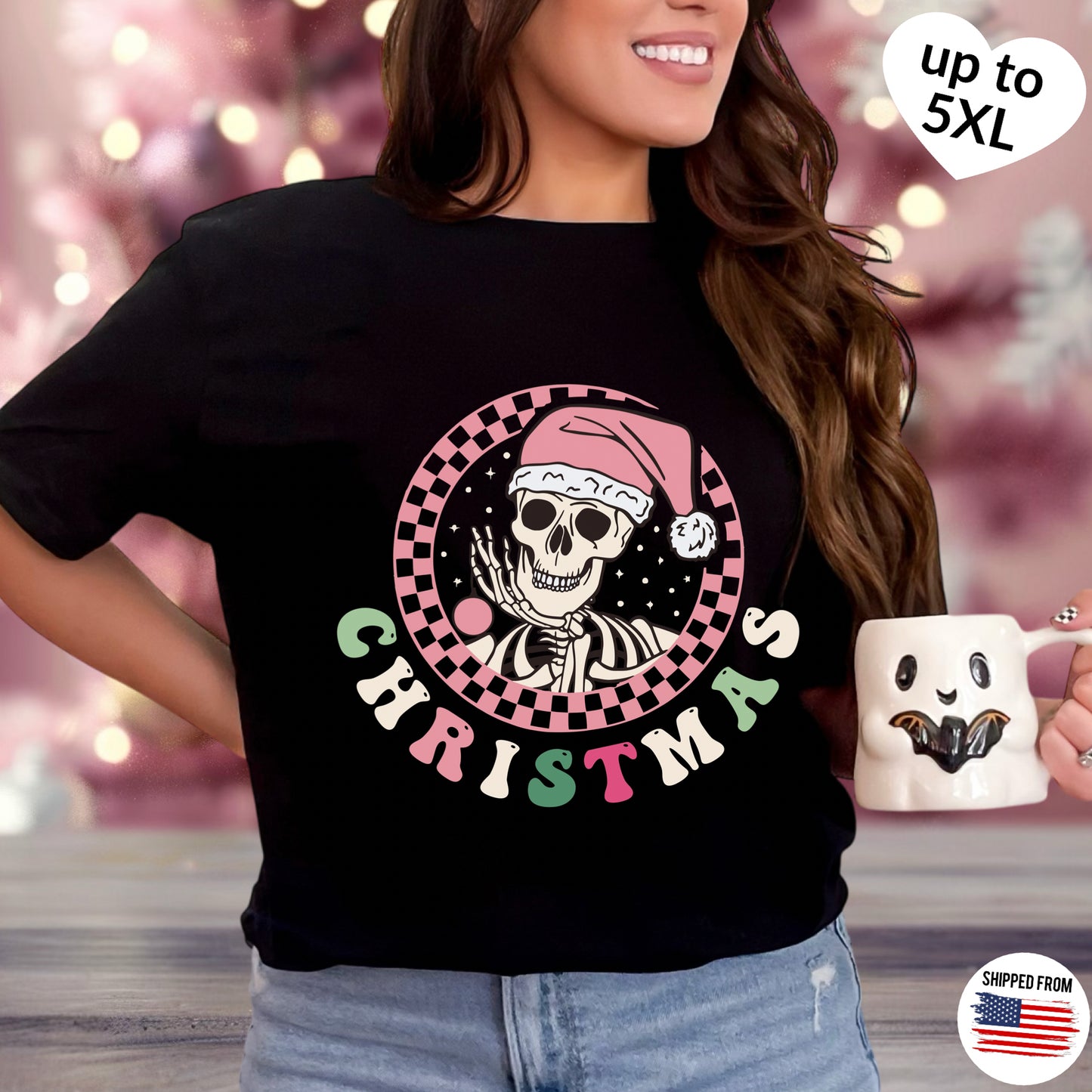 Pink Skeleton Christmas T-shirt, up to 5XL, spooky cute