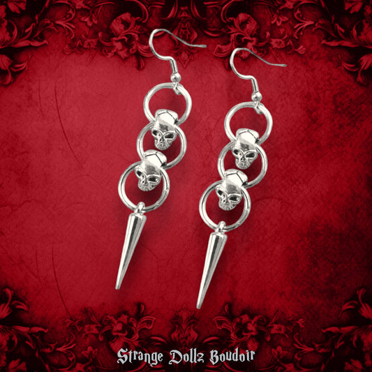 Spikes and Skulls gothic earrings, 925 Sterling Silver, Strange Dollz Boudoir