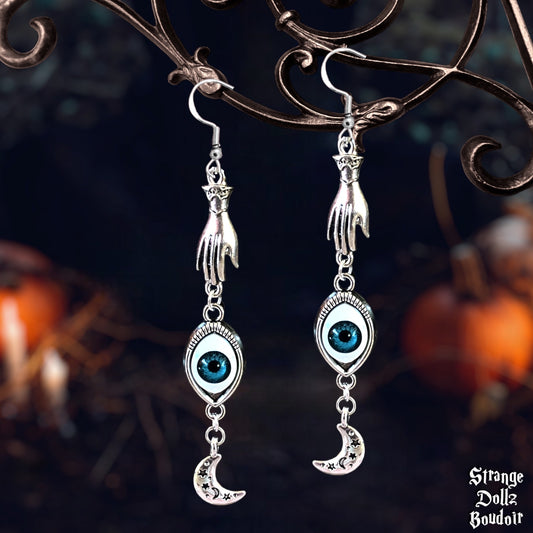 Evil eye protection earrings, gothic jewellery, 925 sterling silver hooks, Strange Dollz Boudoir