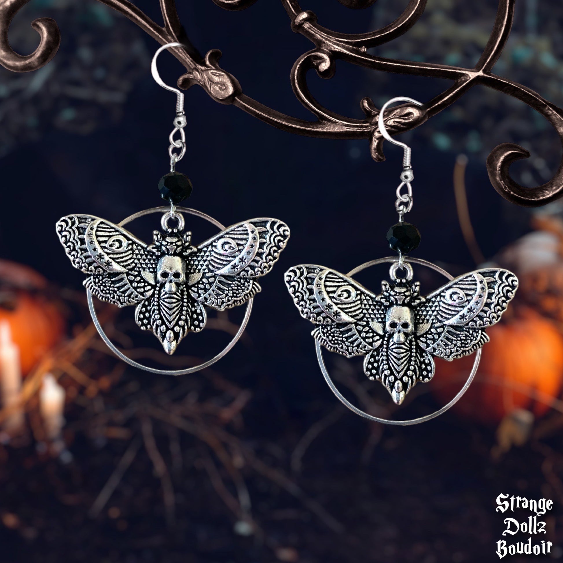 Death moth earrings, gothic jewellery, 925 sterling silver hooks, Strange Dollz Boudoir