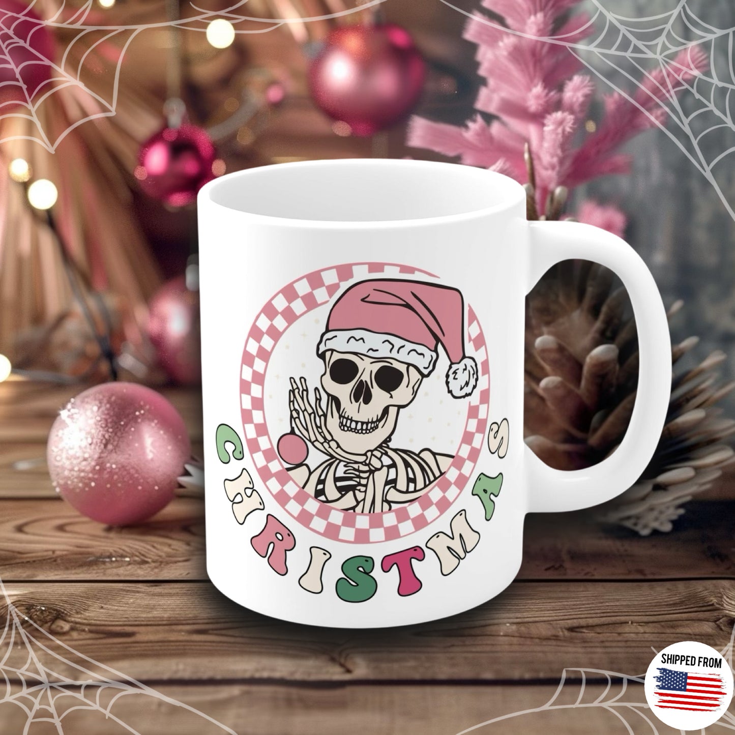 Pink Skeleton Christmas Mug, spooky cute