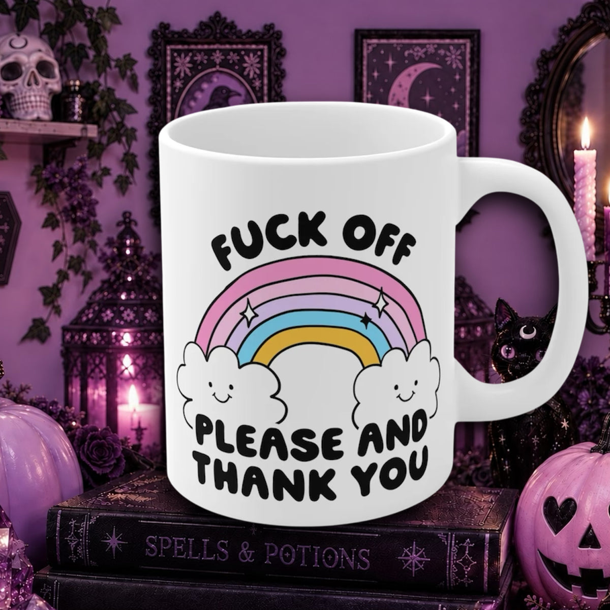 A white ceramic mug with a colorful cartoon rainbow, clouds, and the text 'FCK OFF PLEASE AND THANK YOU' in black, styled on a stack of books in a purple Halloween-themed room.
