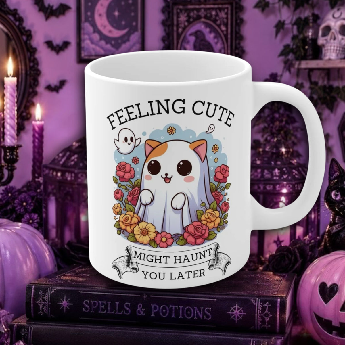 A white ceramic mug with a cute cartoon cat in a ghost costume surrounded by flowers, with the text 'FEELING CUTE MIGHT HAUNT YOU LATER'. The mug is displayed on a stack of books in a spooky purple Halloween-themed setting.