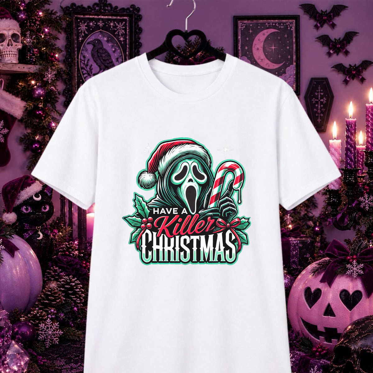 A white short-sleeve graphic T-shirt hanging on a black hanger against a Halloween-themed purple background. The shirt features a graphic of the Ghostface mask wearing a Santa hat, holding a candy cane, with the text 'HAVE A Killer CHRISTMAS' in red and green.
