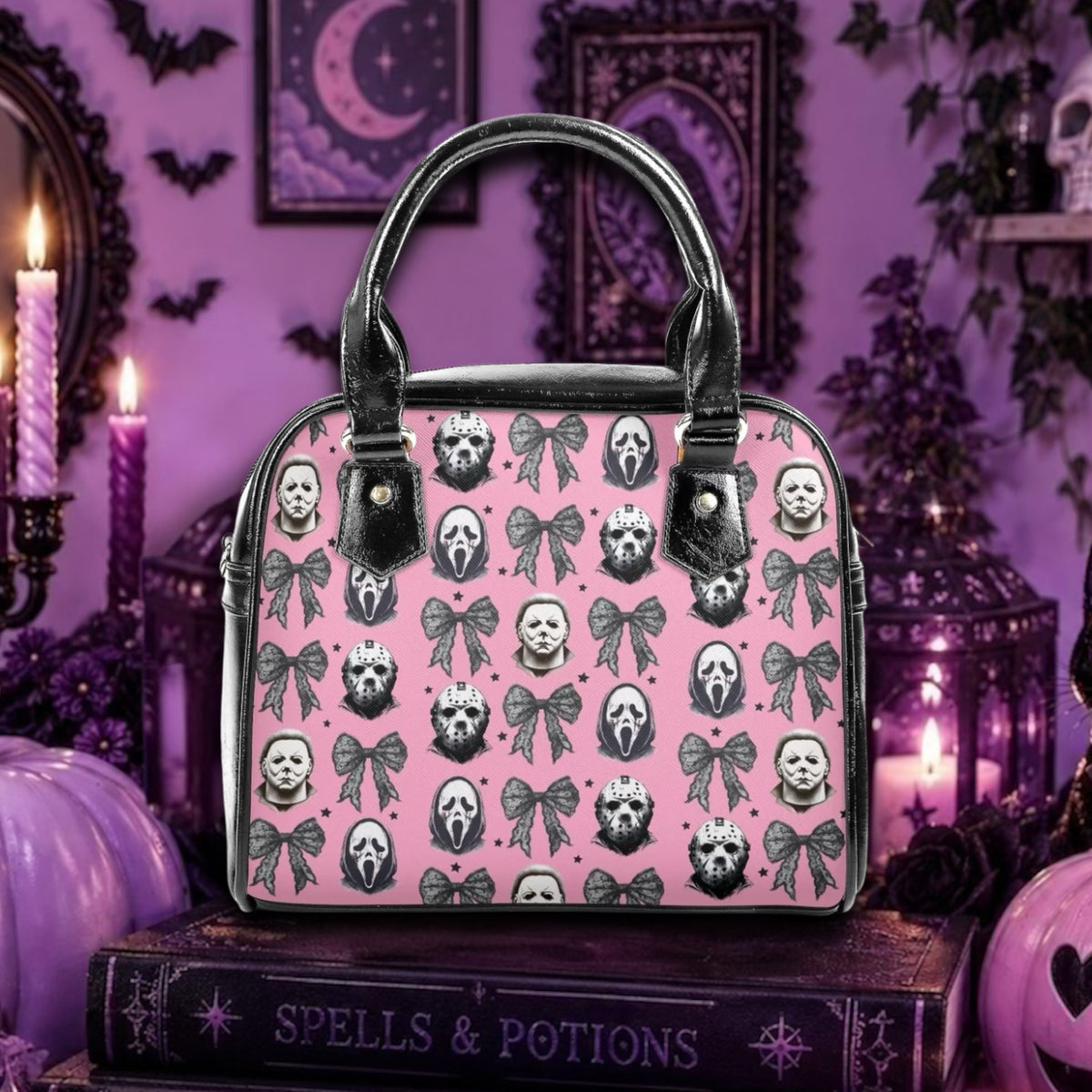 Horror Movies Pink Coquette Vegan Leather Handbag, Halloween 