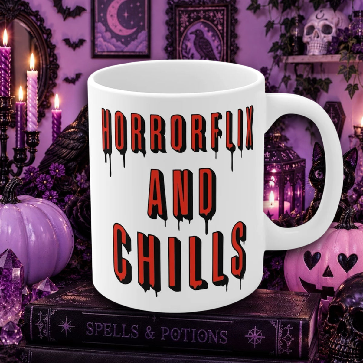 A white ceramic mug with the phrase 'HORRORFLIX AND CHILLS' printed in dripping red letters with black shadows, styled on a book surrounded by Halloween decorations like pumpkins, candles, and a skull in a purple themed room.
