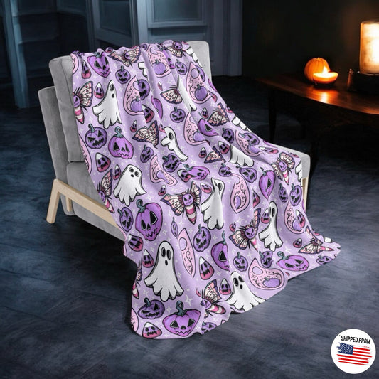 Spooky Cute Fleece Sherpa Blanket, Pastel Goth Halloween