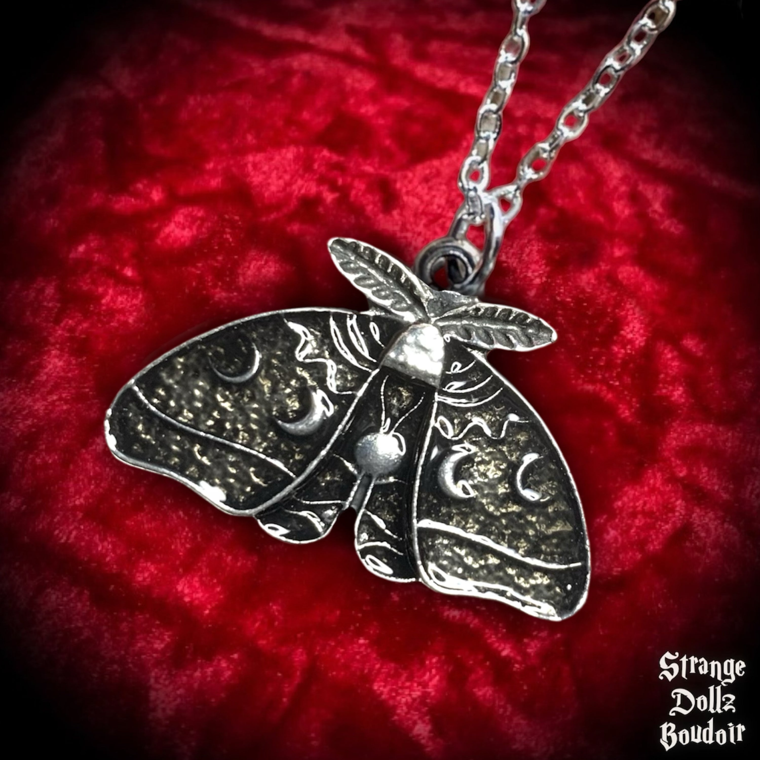 Lunar Moth necklace, Moonphase Celestial Witchy, Strange Dollz Boudoir