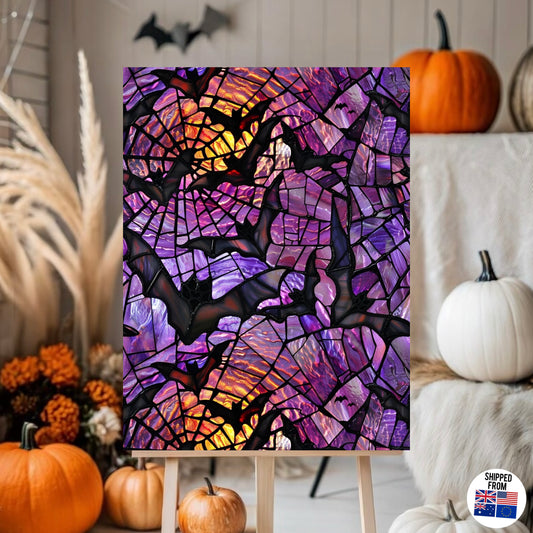 Purple bats Halloween poster, stained glass effect 