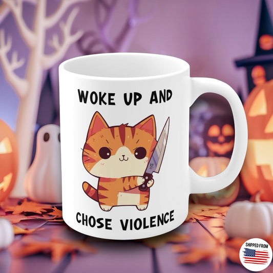 Woke up and chose violence Mug, cute cat with knife