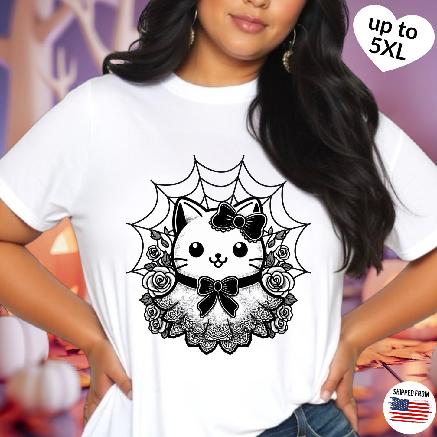 Spooky kawaii kitty T-shirt, up to 5XL, cute coquette