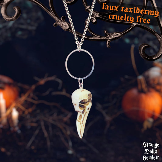 Raven skull necklace, faux taxidermy, resin skulls, Strange Dollz Boudoir