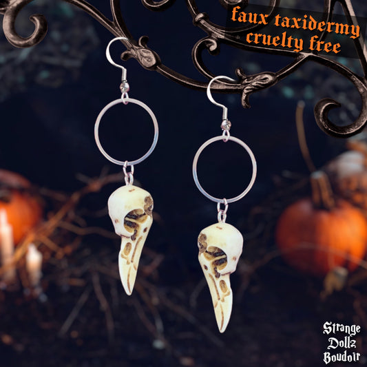 Raven skull earrings, faux taxidermy, resin skulls, Strange Dollz Boudoir