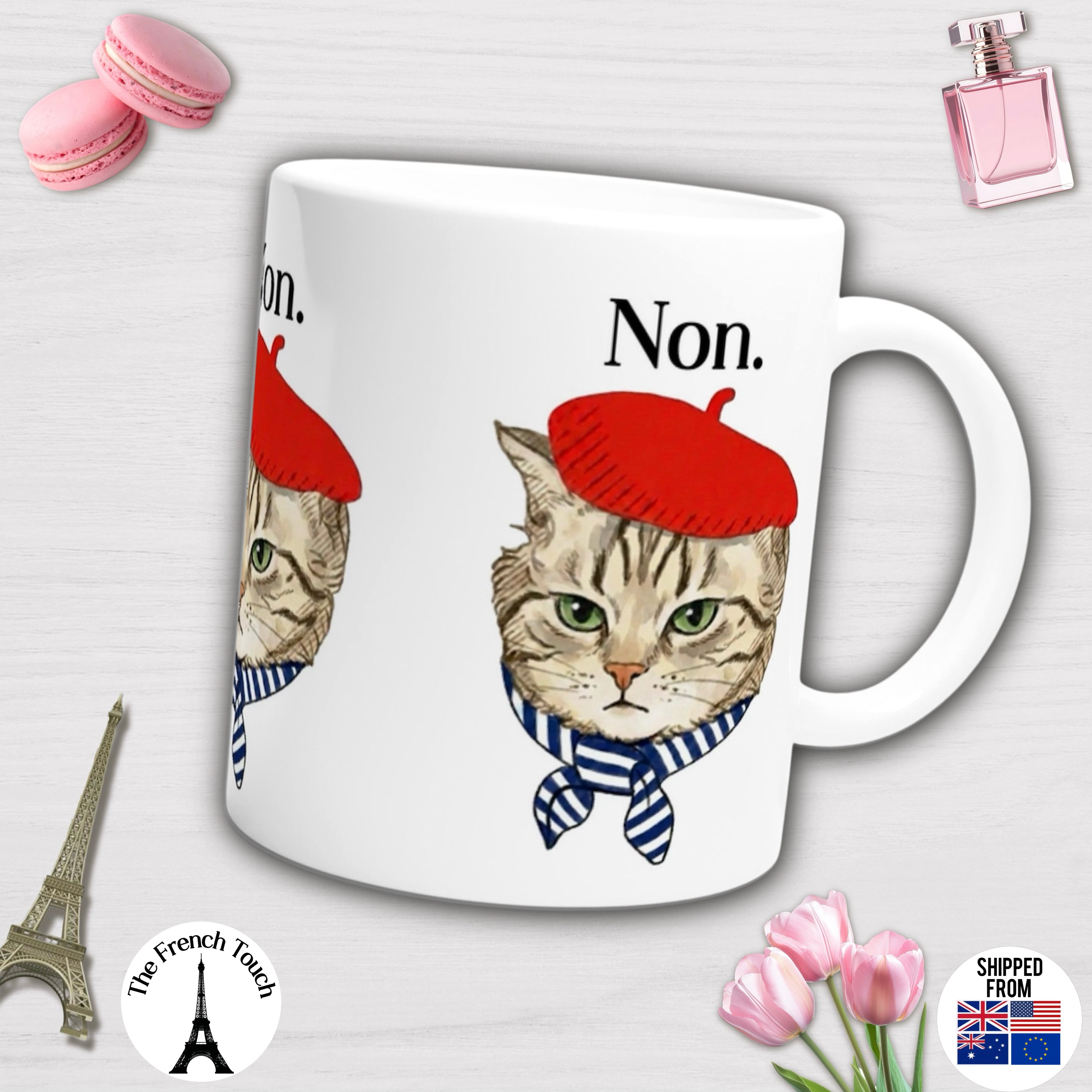 Funny cat White Ceramic Mug, French humour, Non !