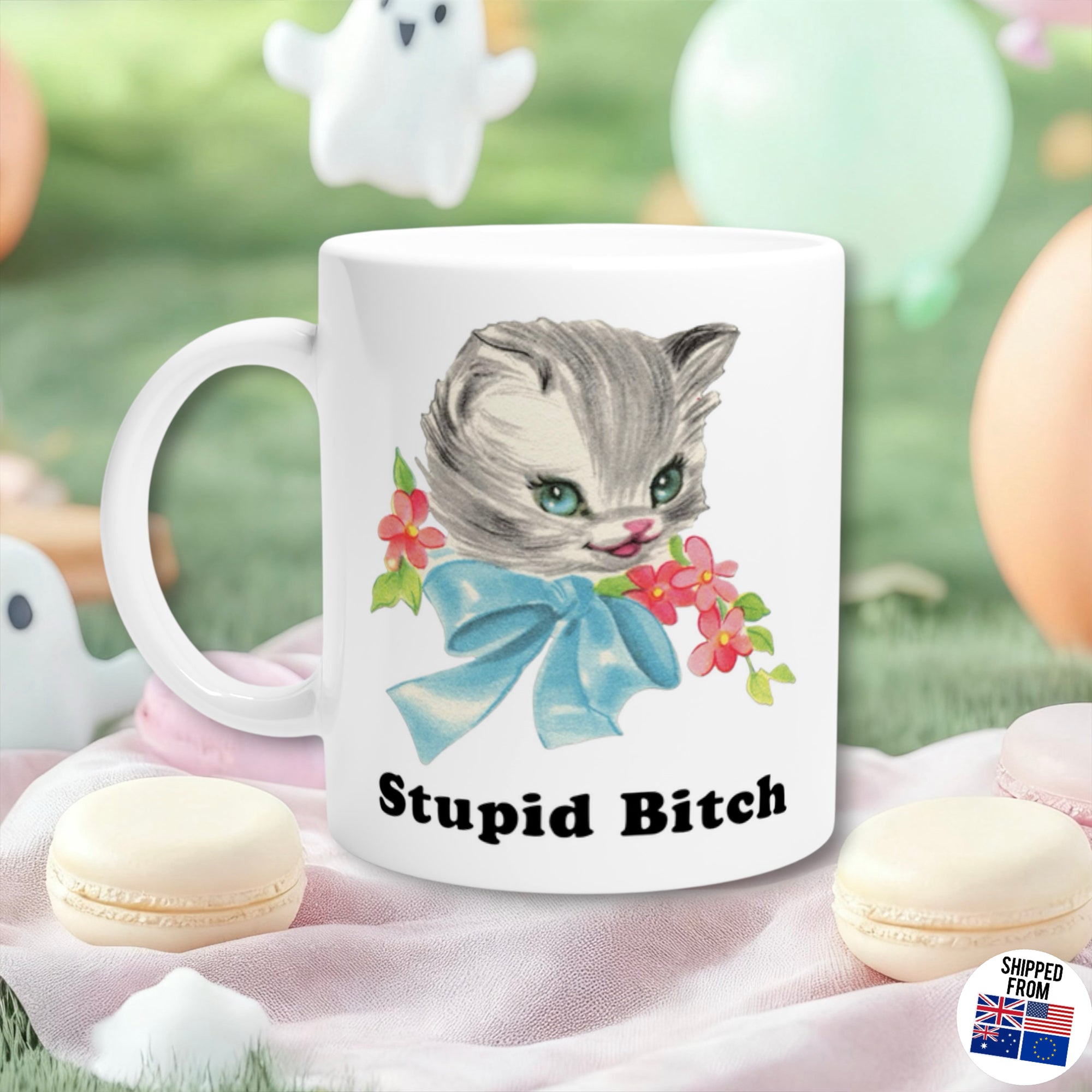 Retro Kitsch Mug with a cat illustration and funny text on a decorative background with macarons and balloons.