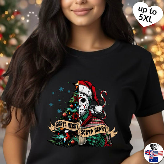 Sorta Merry Sorta Scary, Christmas Softstyle T-Shirt, up to 5XL, Jason Voorhees, Horror Movie, Spooky