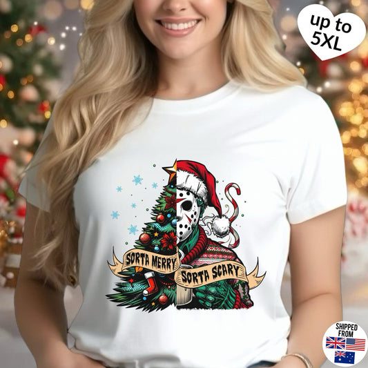 Sorta Merry Sorta Scary, Christmas Softstyle T-Shirt, up to 5XL, Jason Voorhees, Horror Movie, Spooky