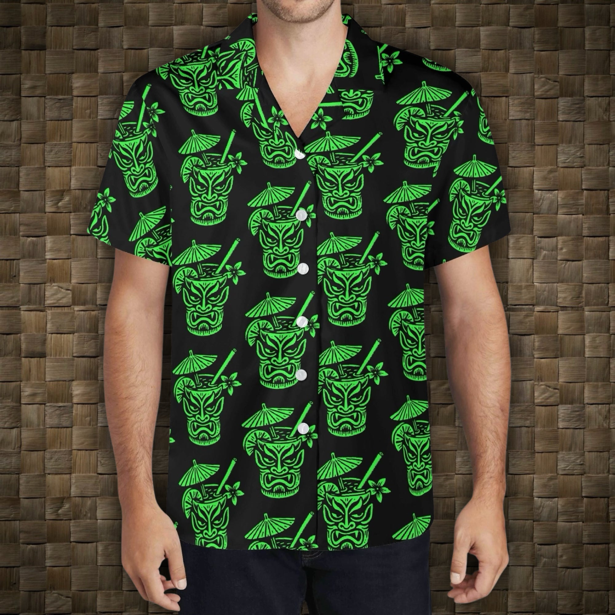 Demon Tiki Cocktail Hawaiian Shirt, Neon Green Spooky Summer Shirt