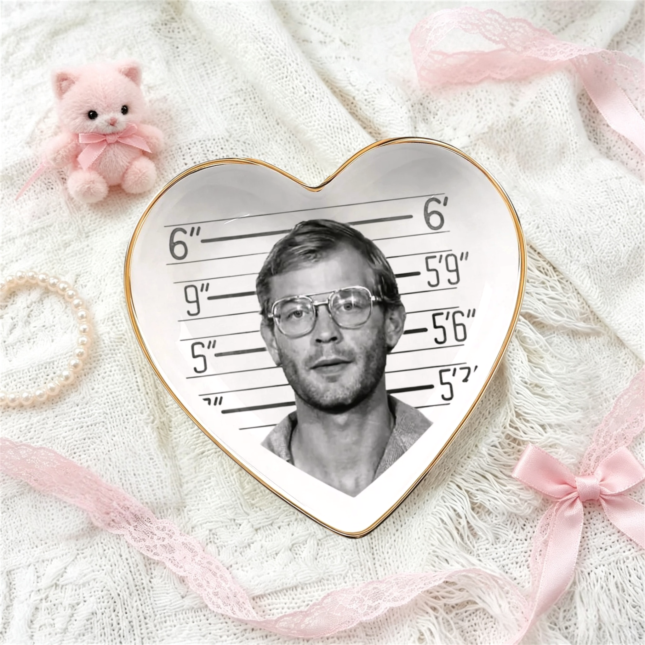 A heart-shaped ceramic jewelry tray with a gold rim, featuring a black-and-white mugshot-style portrait on a height chart background. The tray is styled on a white textured knit blanket with pink ribbons, a pearl bracelet, and a small pink plush toy nearby.