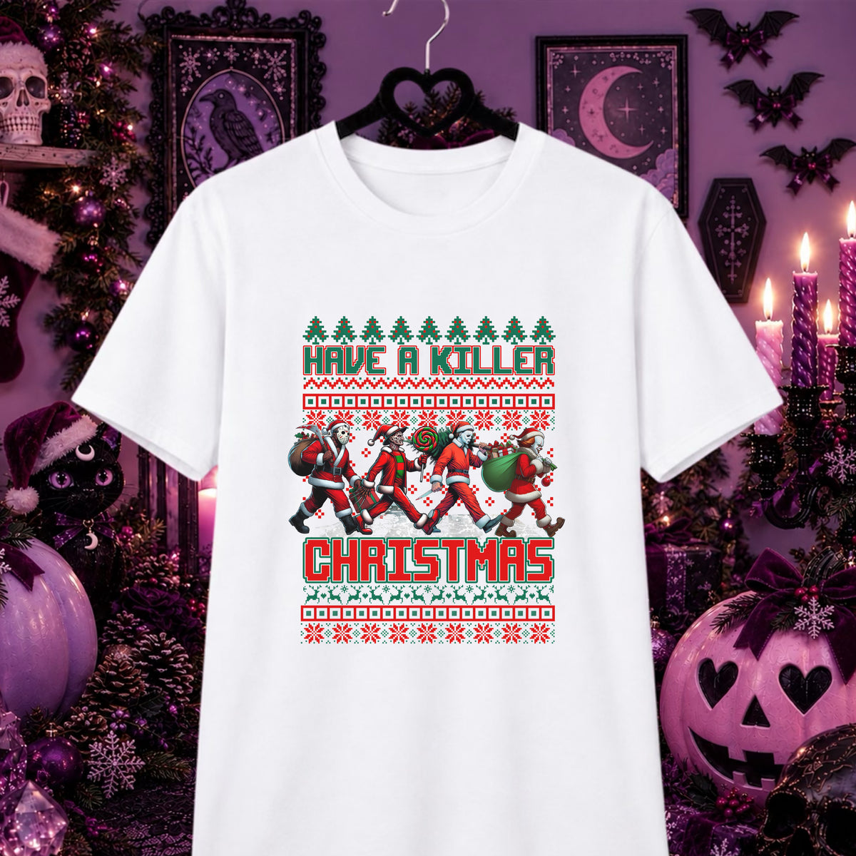 A white short-sleeve graphic t-shirt hanging on a black hanger against a dark purple Halloween-themed background. The shirt features a colorful graphic of multiple figures in Santa Claus outfits carrying bags, with the text 'HAVE A KILLER CHRISTMAS' in green and red.
