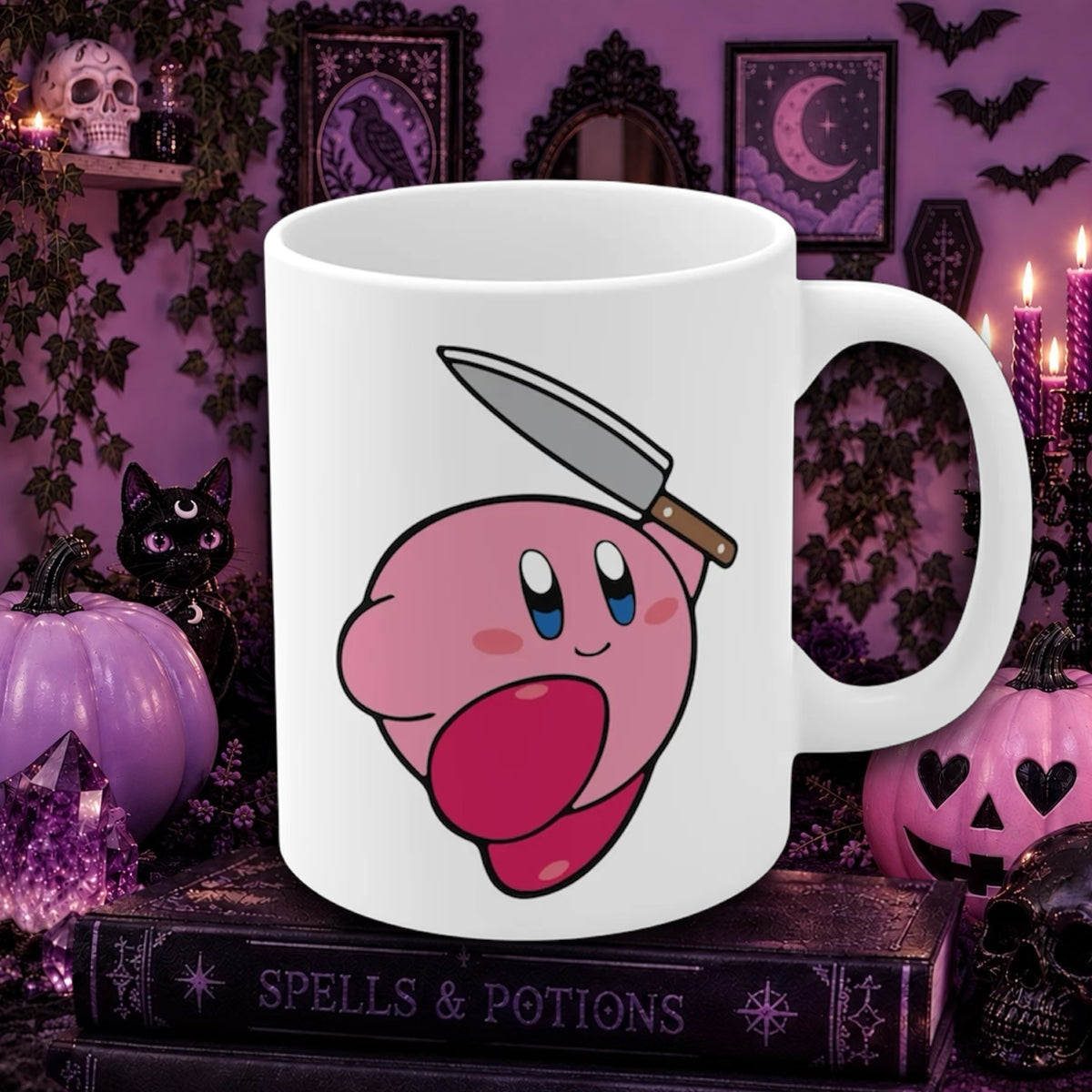 A white ceramic mug featuring Kirby with a knife, set against a Halloween-themed background with pumpkins, candles, and spooky decor.