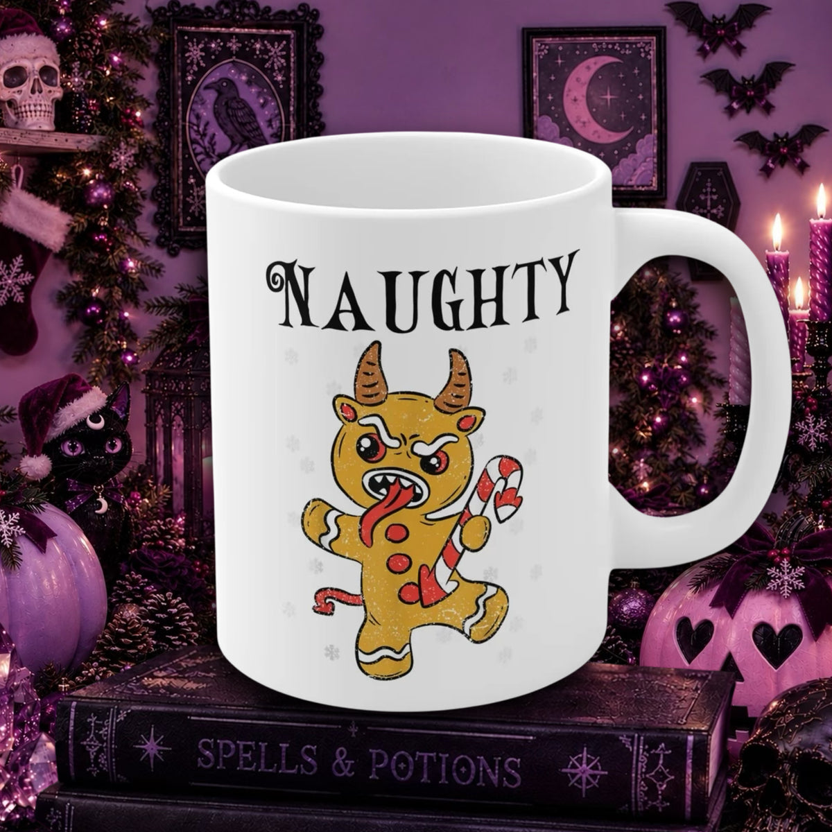 A white ceramic mug with the word 'NAUGHTY' in black script above a cartoon gingerbread creature looking like Krampus, holding a candy cane, set against a dark purple Halloween-themed background with candles, pumpkins, and books.