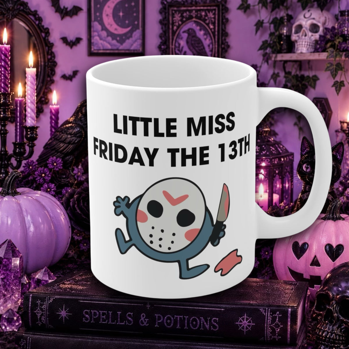A white ceramic mug with a Halloween-themed graphic of Jason Voorhees and the text 'LITTLE MISS FRIDAY THE 13TH', set against a spooky purple Halloween background with candles, pumpkins, and books.