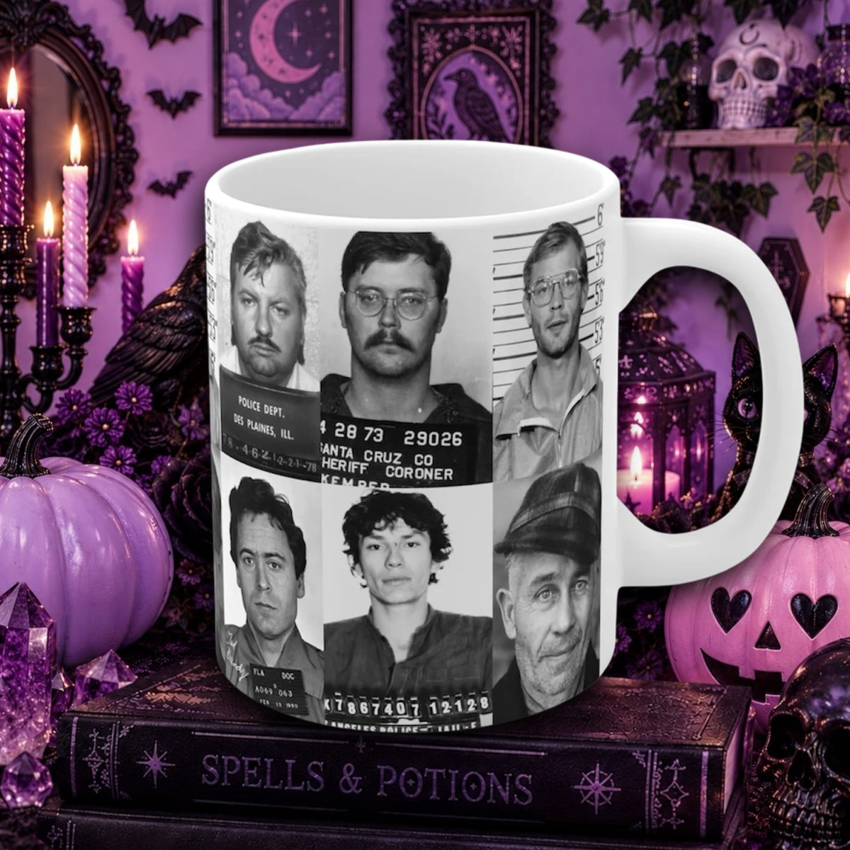 Ceramic mug featuring mugshots from Jeffrey Dahmer, Ed Gein, Ted Bundy, John Wayne Gacy, Richard Ramirez the night stalker. Serial Killer Mug, True Crime, Horror, Halloween