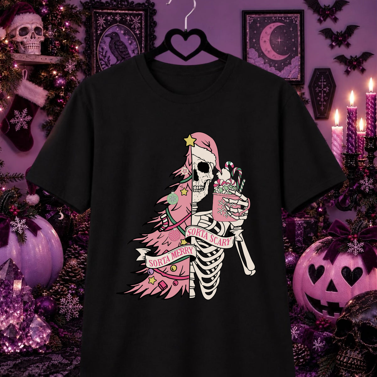 A black short-sleeve graphic T-shirt hanging on a black hanger against a dark purple Halloween-themed background. The shirt features a graphic of a skeleton holding a pink Christmas tree with candy canes, with banners reading 'Santa's on Fire' and 'Santa's Not Home'.