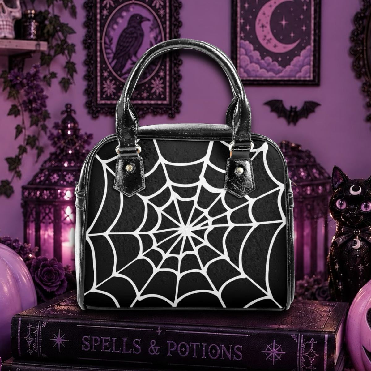 Spiderweb goth vegan leather Handbag, Halloween