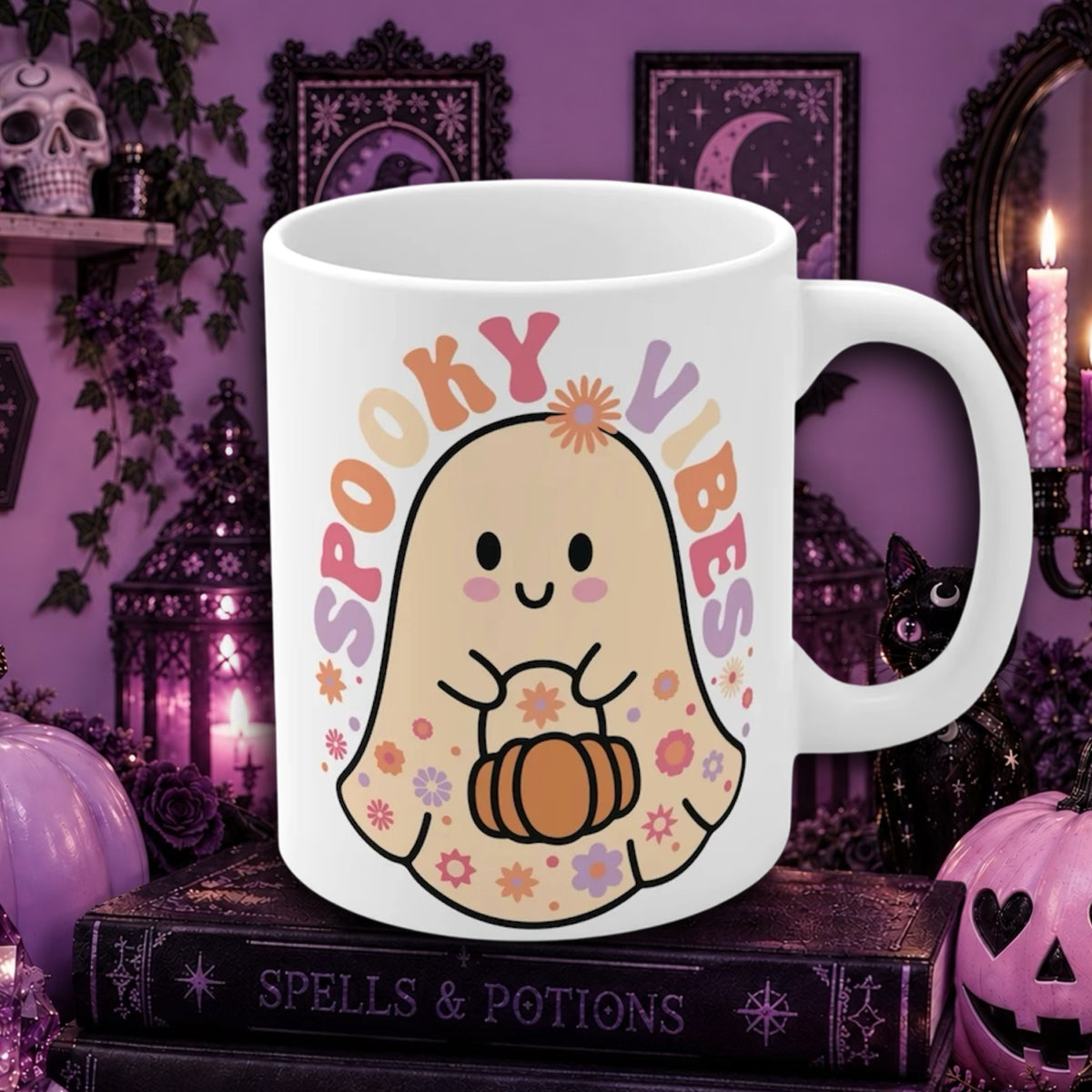 Spooky Vibes, Halloween Mug. A white ceramic mug with a cute cartoon ghost holding a pumpkin and the words 'Spooky Vibes' in pastel colors, displayed on a book in a Halloween-themed room with purple walls, candles, and pumpkins.