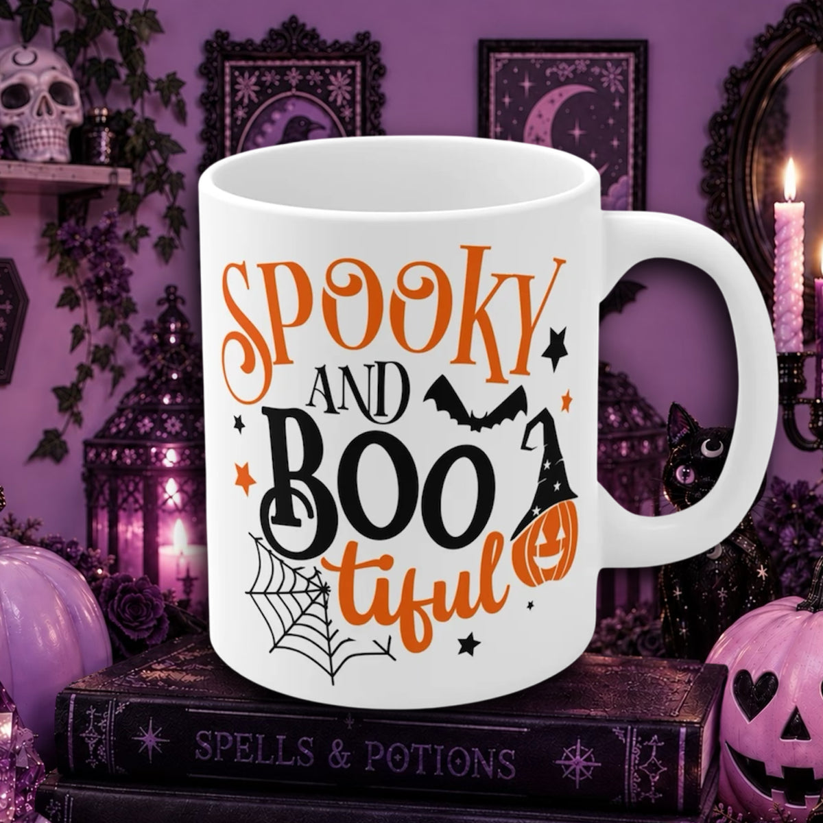 A white Halloween ceramic mug with 'Spooky and Boo Tiful' printed in orange and black lettering, styled on a book in a purple Halloween-themed room.