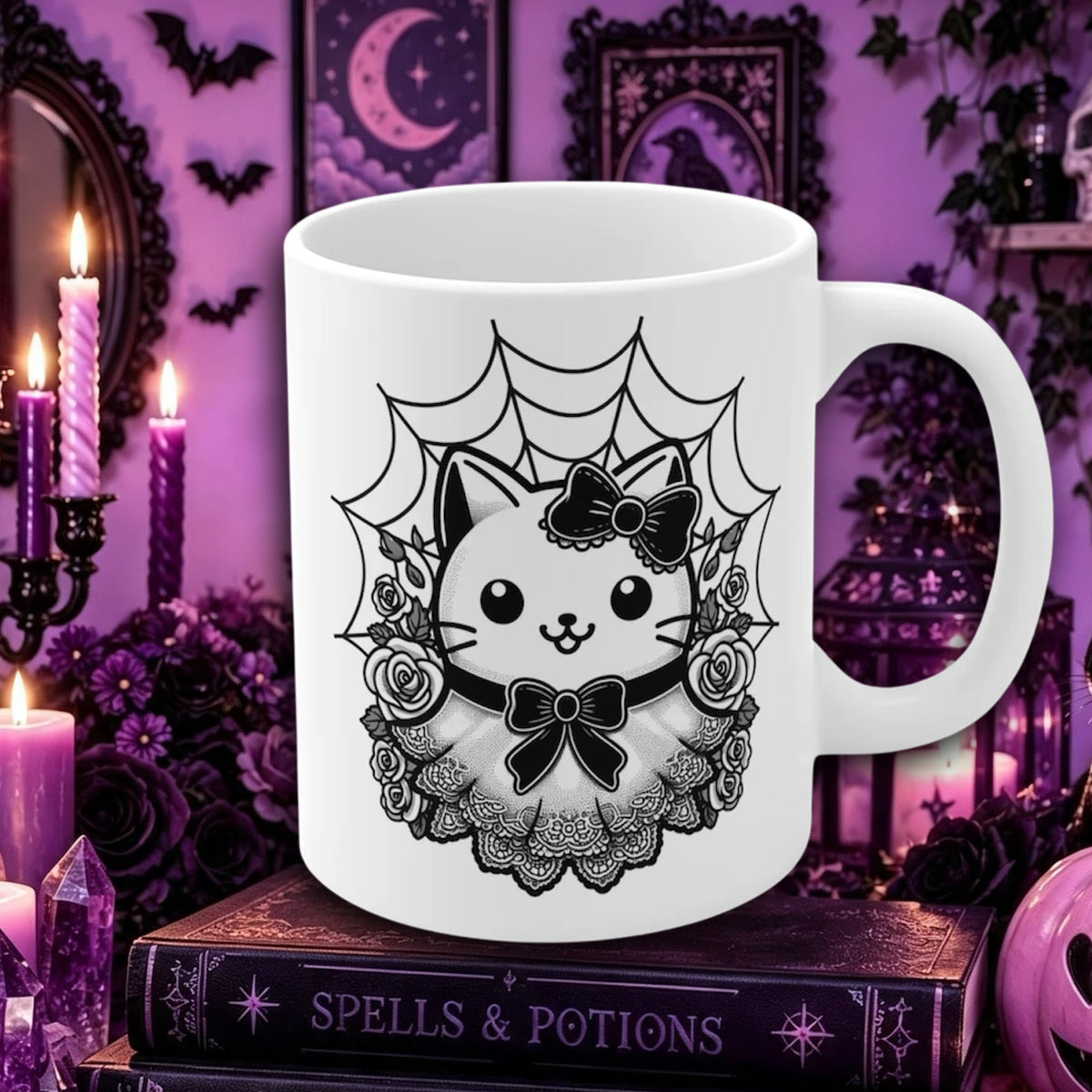 A white ceramic mug with a black gothic cat illustration, displayed on a stack of books in a purple, Halloween-themed setting with candles and crystals.
