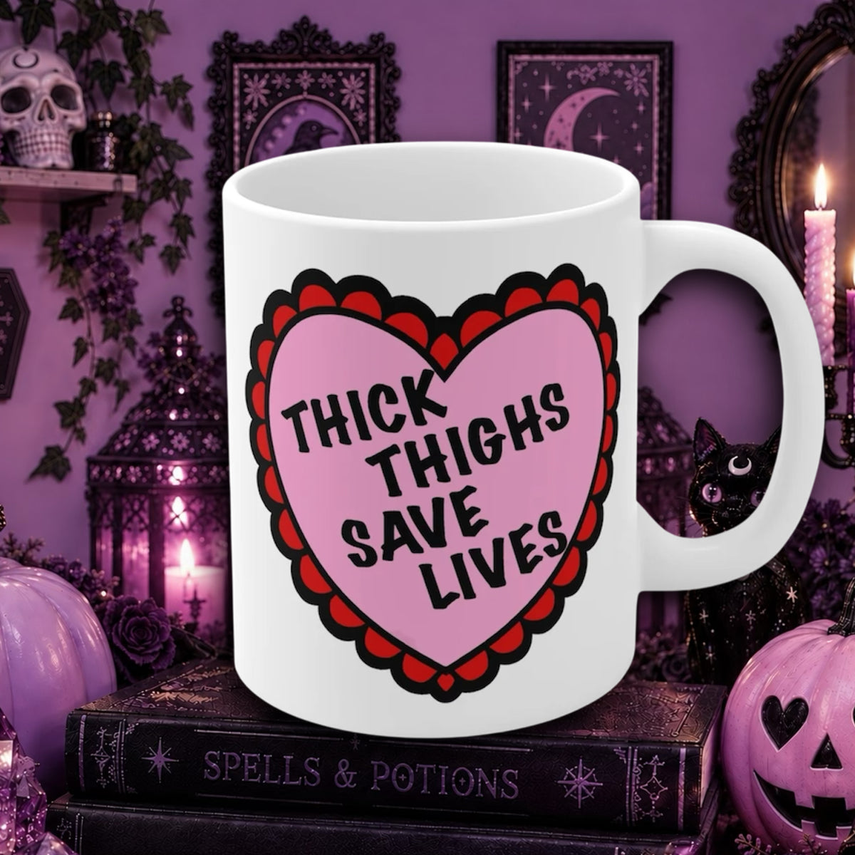 A white ceramic mug with a pink heart graphic and the text 'THICK THIGHS SAVE LIVES' in black, styled on a stack of books in a purple Halloween-themed room with candles, pumpkins, and framed wall art.