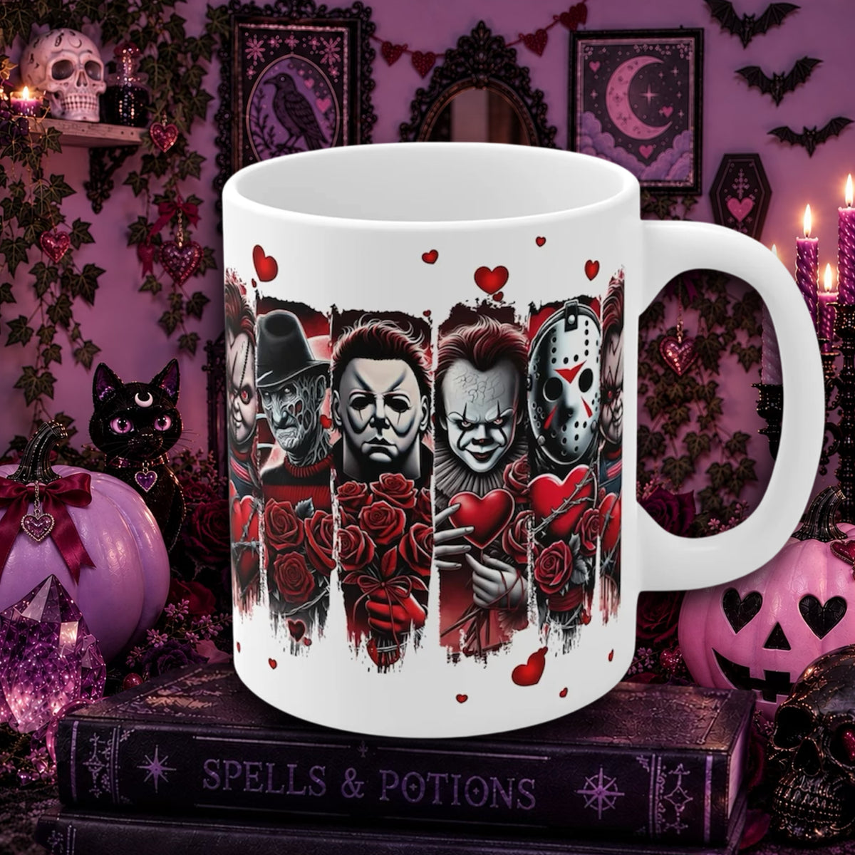 A white ceramic mug with a horror movie character print featuring Michael Myers, Pennywise, and Jason Voorhees with red roses and hearts, displayed on a book in a spooky Halloween-themed room.