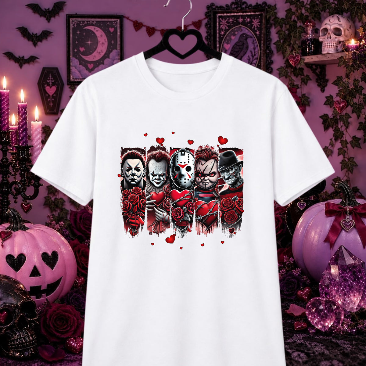 A white short-sleeve t-shirt hanging on a black hanger, featuring a graphic print of horror movie villains holding red roses and hearts. The shirt is displayed against a dark, gothic Halloween-themed background with pumpkins, candles, and framed artwork.