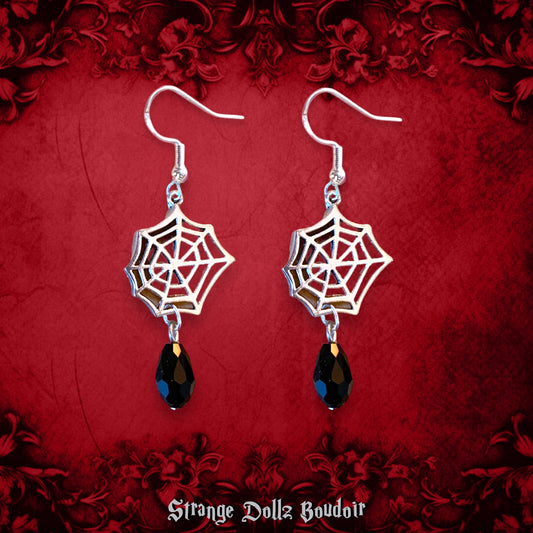Spiderweb earrings, gothic jewellery, 925 sterling silver hooks, Strange Dollz Boudoir