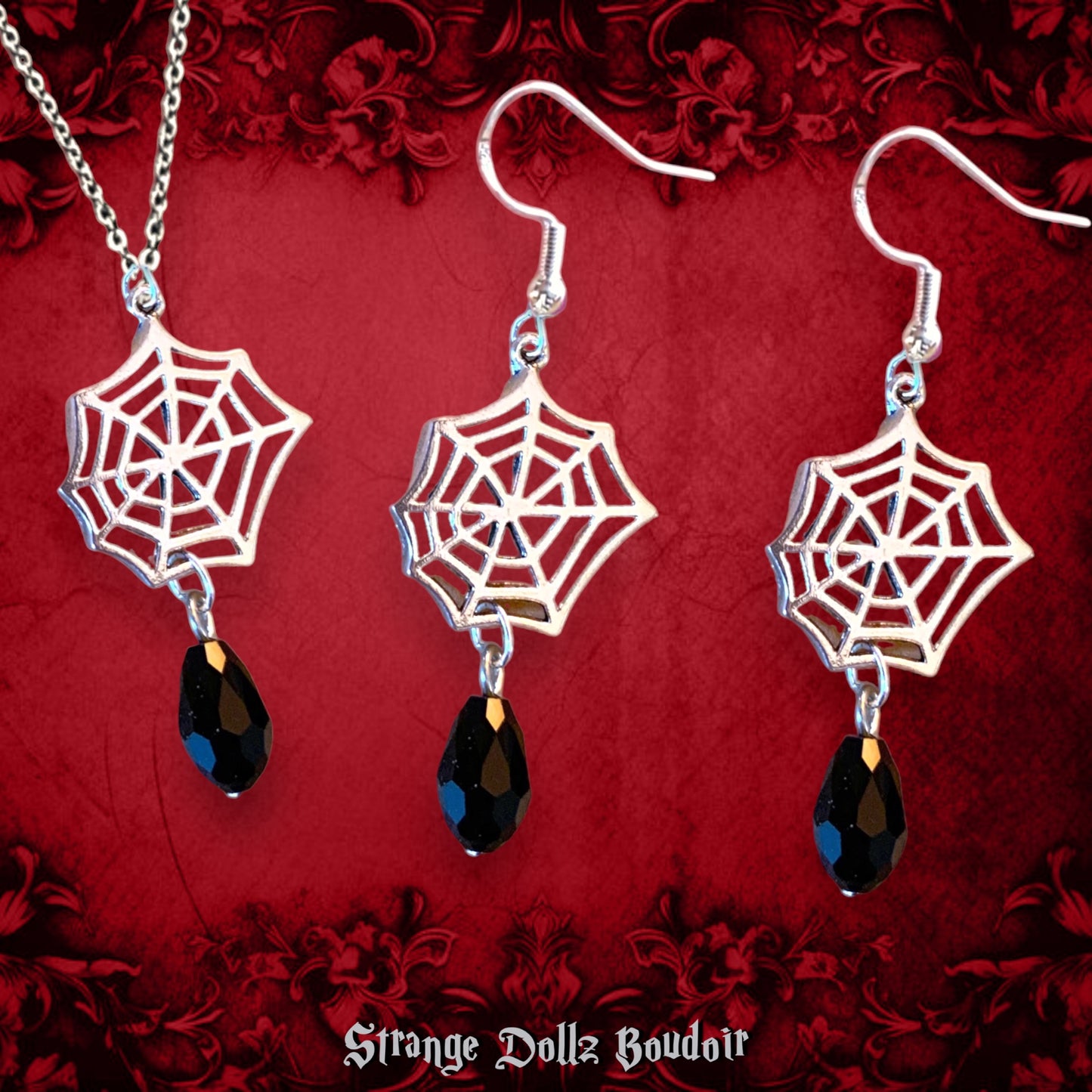 Black Widow’s Tears earrings, Witchy Gothic, 925 sterling silver, Strange Dollz Boudoir