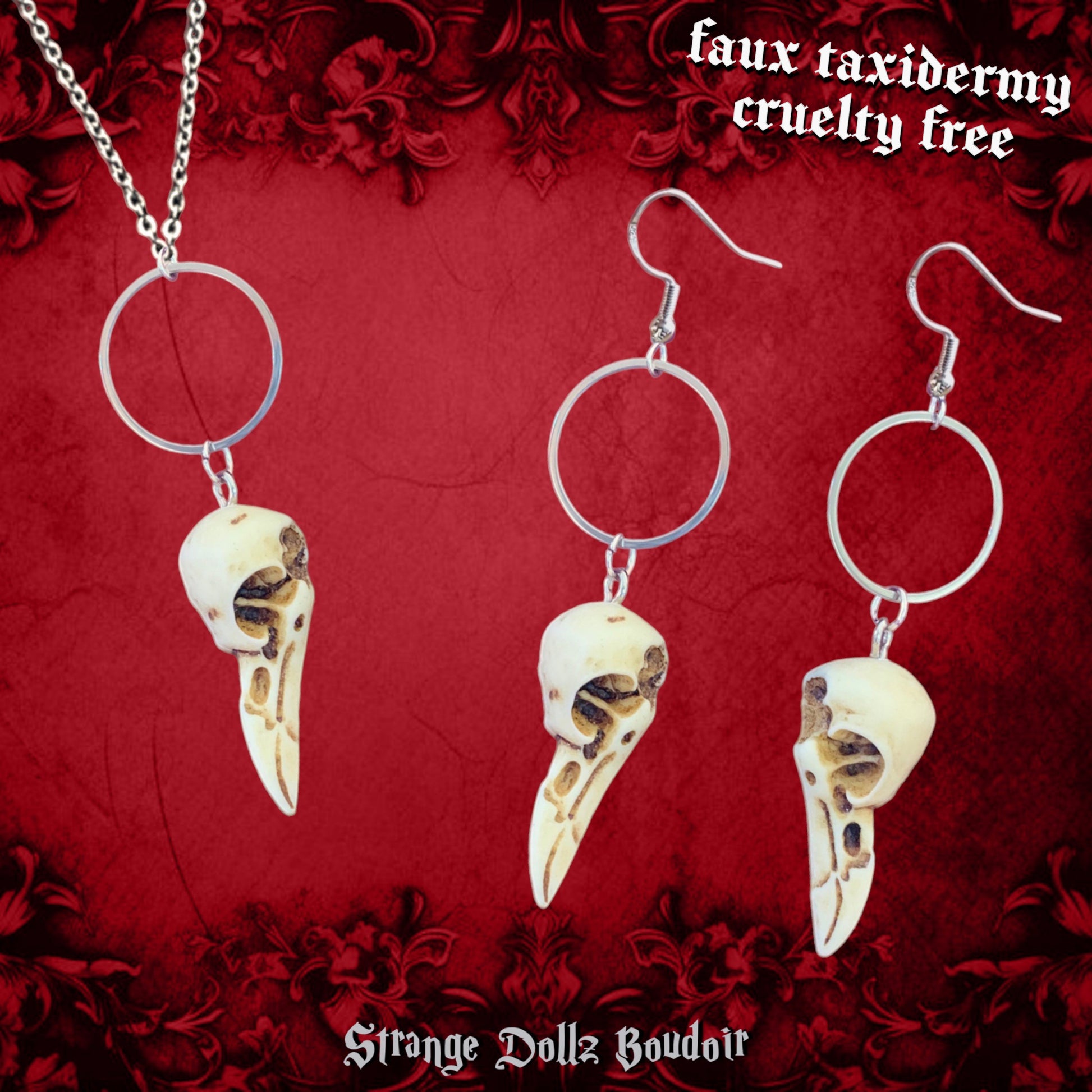 Raven skull jewellery, faux taxidermy, resin skulls, Strange Dollz Boudoir