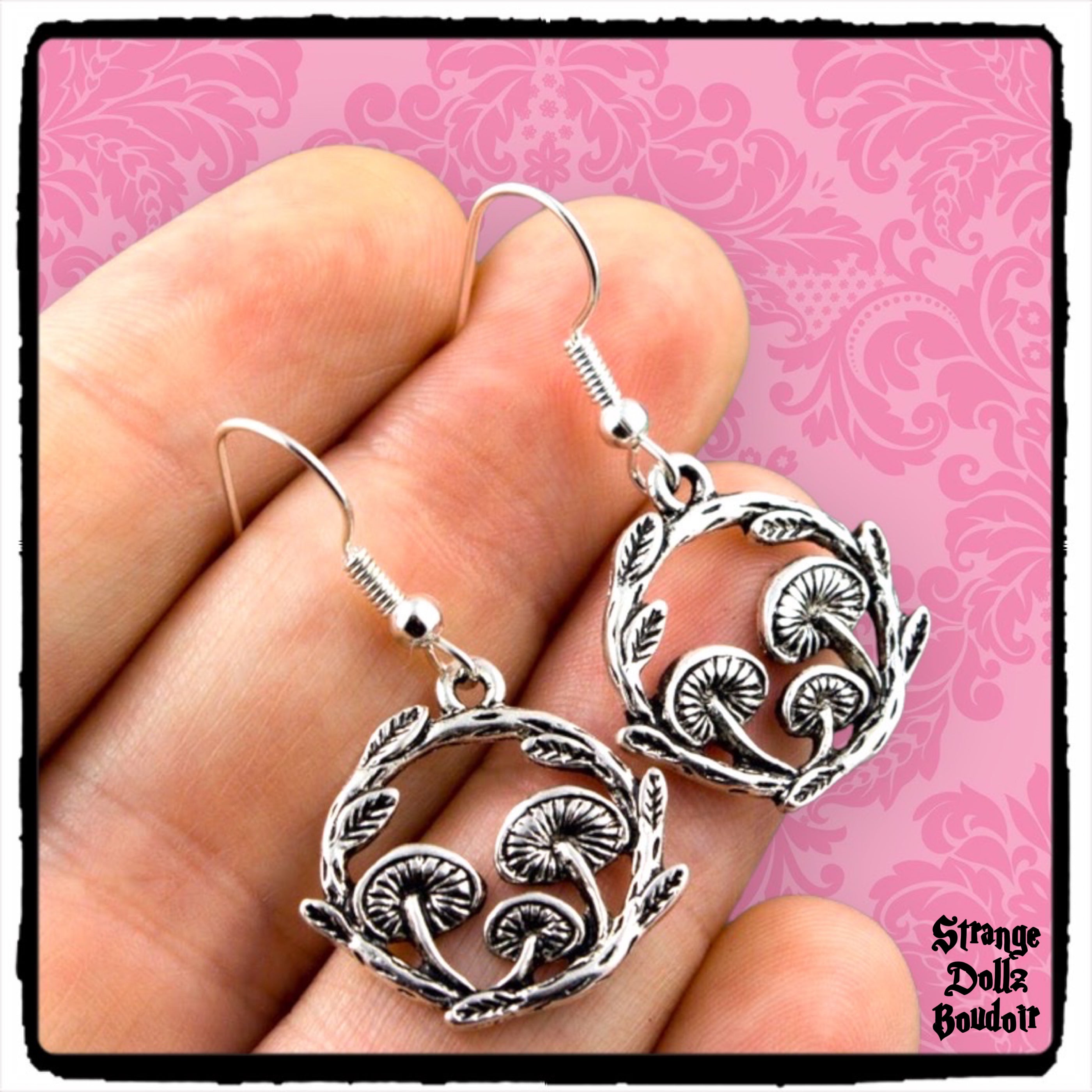Mushroom Wreath Earrings,  925 Sterling Silver, Cottagecore, Witchy Gothic, Strange Dollz Boudoir