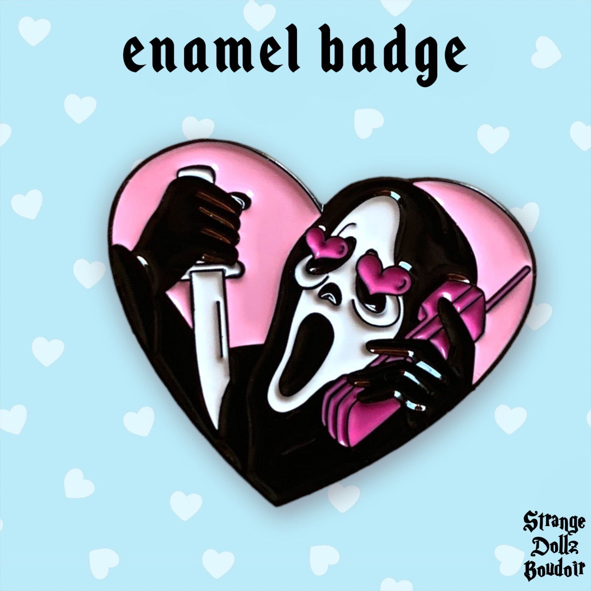 Scream Ghostface enamel badge pin, Halloween, Strange Dollz Boudoir