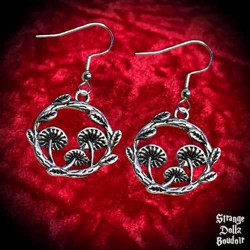 Mushroom Wreath Earrings,  925 Sterling Silver, Cottagecore, Witchy Gothic, Strange Dollz Boudoir