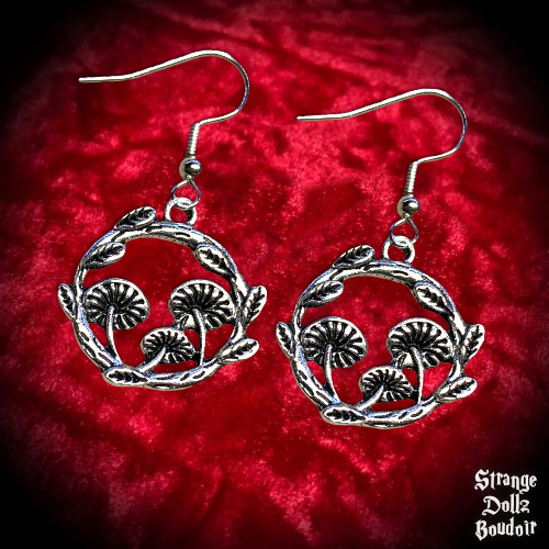 Mushroom Wreath Earrings, 925 Sterling Silver, Cottagecore, Witchy Gothic, Strange Dollz Boudoir